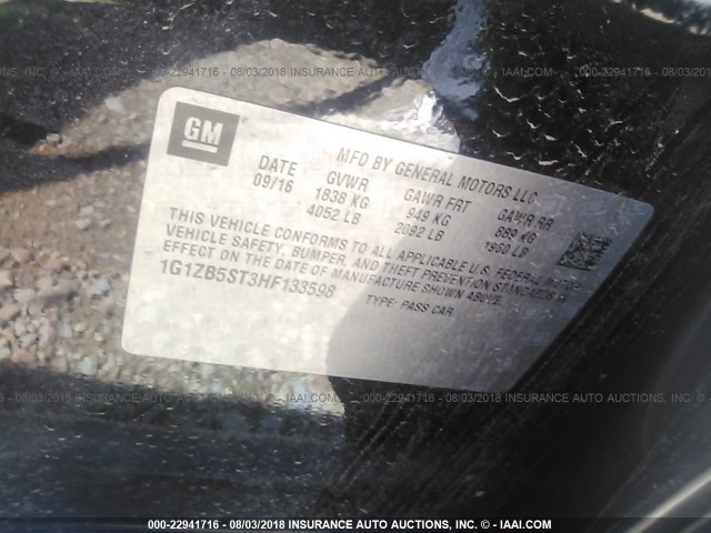 1G1ZB5ST3HF133598 - 2017 CHEVROLET MALIBU LS BLACK photo 9