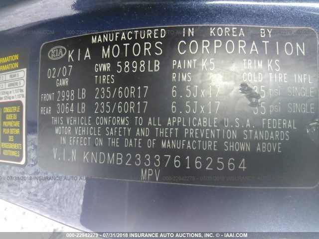 KNDMB233376162564 - 2007 KIA SEDONA EX/LX BLUE photo 9