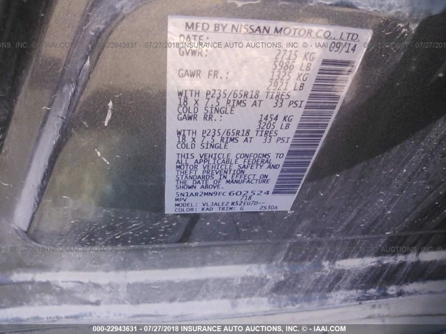 5N1AR2MN9FC602524 - 2015 NISSAN PATHFINDER S/SV/SL/PLATINUM BLUE photo 9