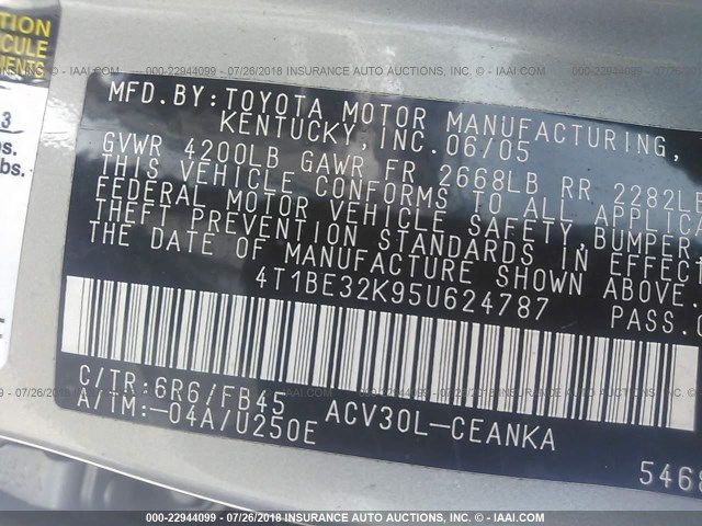 4T1BE32K95U624787 - 2005 TOYOTA CAMRY LE/XLE/SE SILVER photo 9