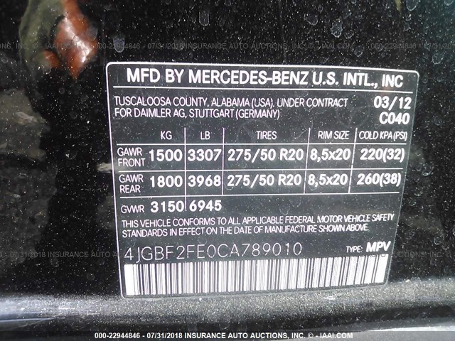 4JGBF2FE0CA789010 - 2012 MERCEDES-BENZ GL 350 BLUETEC BLACK photo 9