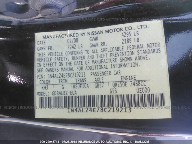 1N4AL24E78C219213 - 2008 NISSAN ALTIMA 2.5S BLACK photo 9