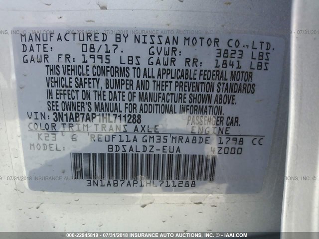 3N1AB7AP1HL711288 - 2017 NISSAN SENTRA S/SV/SR/SL SILVER photo 9