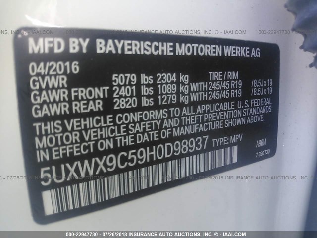 5UXWX9C59H0D98937 - 2017 BMW X3 XDRIVE28I WHITE photo 9