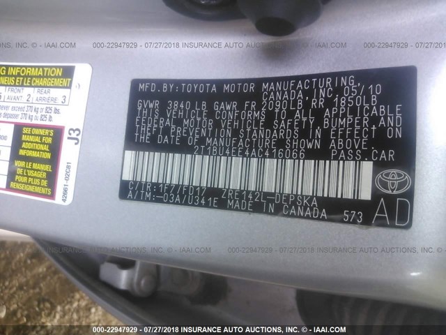 2T1BU4EE4AC416066 - 2010 TOYOTA COROLLA S/LE/XLE SILVER photo 9