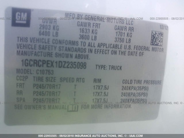 1GCRCPEX1DZ235098 - 2013 CHEVROLET SILVERADO C1500 WHITE photo 9