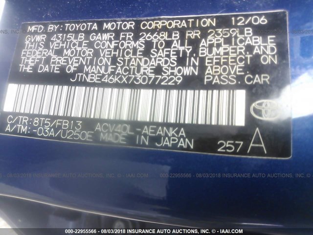 JTNBE46KX73077229 - 2007 TOYOTA CAMRY NEW GENERAT  BLUE photo 9