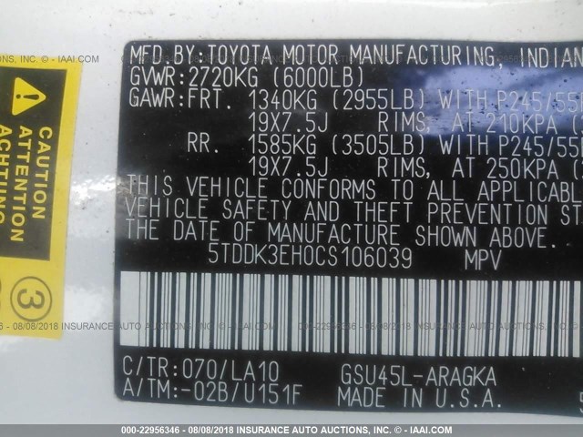 5TDDK3EH0CS106039 - 2012 TOYOTA HIGHLANDER LIMITED WHITE photo 9