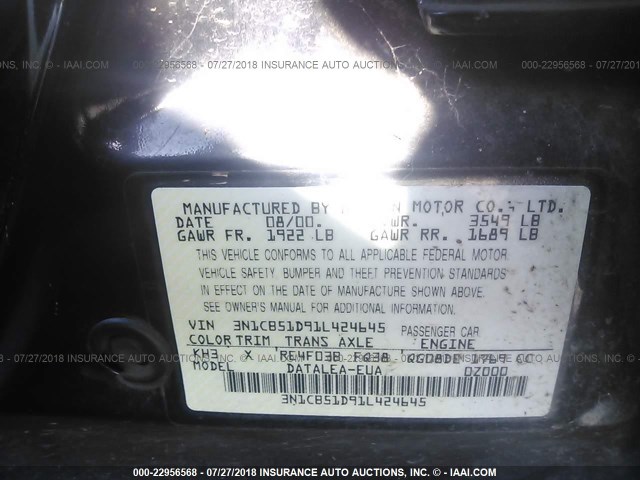 3N1CB51D91L424645 - 2001 NISSAN SENTRA XE/GXE BLACK photo 9