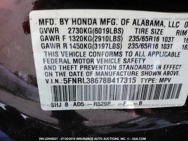 5FNRL38678B417315 - 2008 HONDA ODYSSEY EXL MAROON photo 9