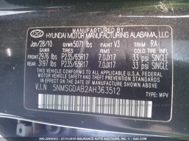 5NMSGDAB2AH363512 - 2010 HYUNDAI SANTA FE GLS GRAY photo 9