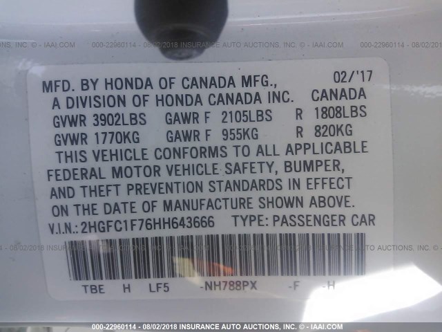 2HGFC1F76HH643666 - 2017 HONDA CIVIC EXL WHITE photo 9