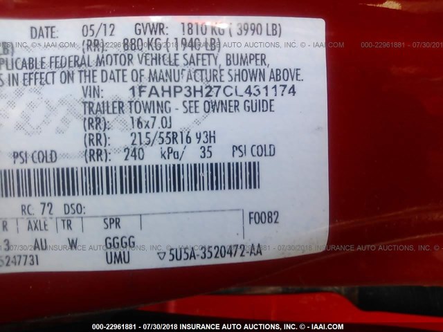 1FAHP3H27CL431174 - 2012 FORD FOCUS RED photo 9