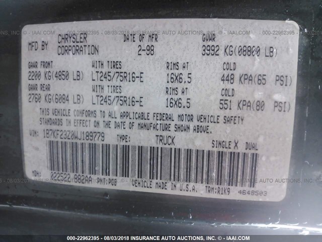 1B7KF23Z0WJ189779 - 1998 DODGE RAM 2500 GRAY photo 9