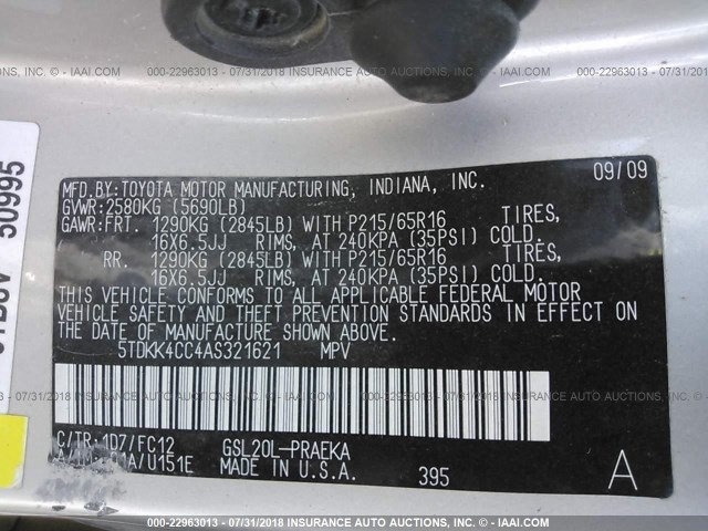 5TDKK4CC4AS321621 - 2010 TOYOTA SIENNA CE/LE SILVER photo 9