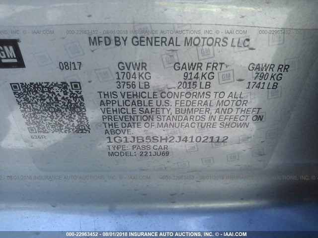 1G1JB5SH2J4102112 - 2018 CHEVROLET SONIC LS 银色 照片 9