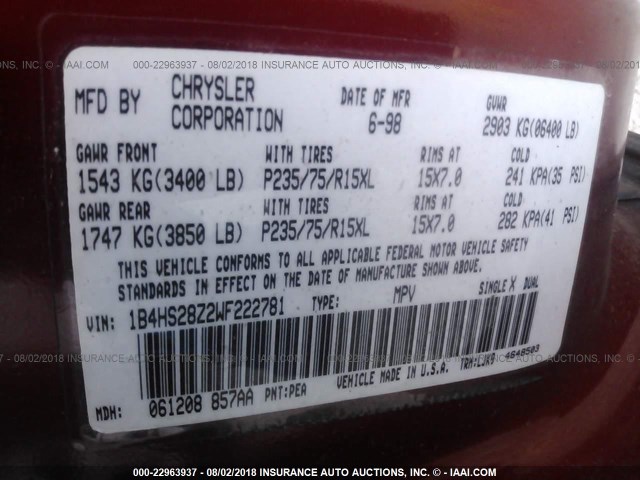 1B4HS28Z2WF222781 - 1998 DODGE DURANGO MAROON photo 9