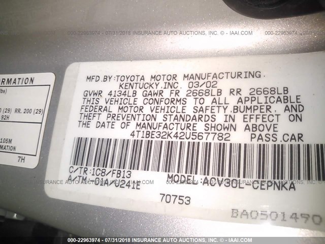 4T1BE32K42U567782 - 2002 TOYOTA CAMRY LE/XLE/SE SILVER photo 9