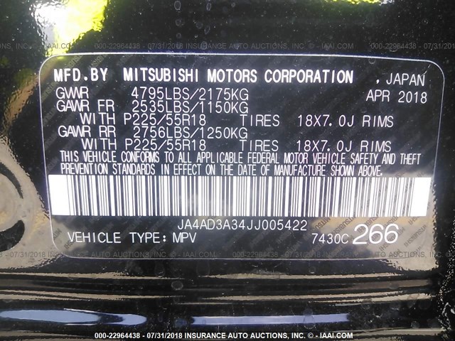 JA4AD3A34JJ005422 - 2018 MITSUBISHI OUTLANDER BLACK photo 9