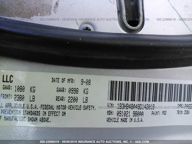 1B3HB48A49D142019 - 2009 DODGE CALIBER SXT SILVER photo 9