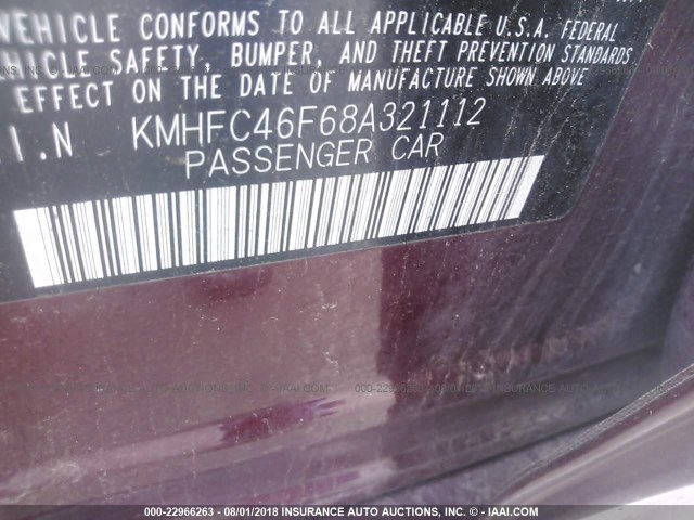 KMHFC46F68A321112 - 2008 HYUNDAI AZERA SE/LIMITED RED photo 9