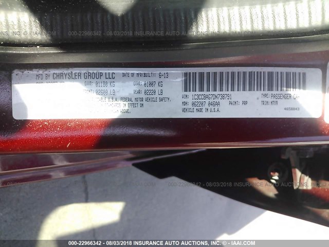 1C3CCBAG7DN738791 - 2013 CHRYSLER 200 LX MAROON photo 9