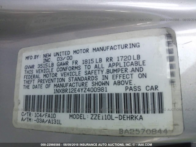 1NXBR12E4YZ400981 - 2000 TOYOTA COROLLA VE/CE/LE 银色 照片 9