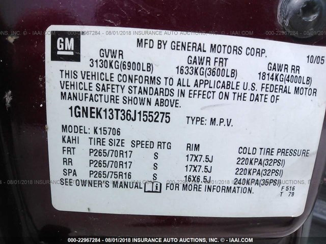 1GNEK13T36J155275 - 2006 CHEVROLET TAHOE K1500 MAROON photo 9