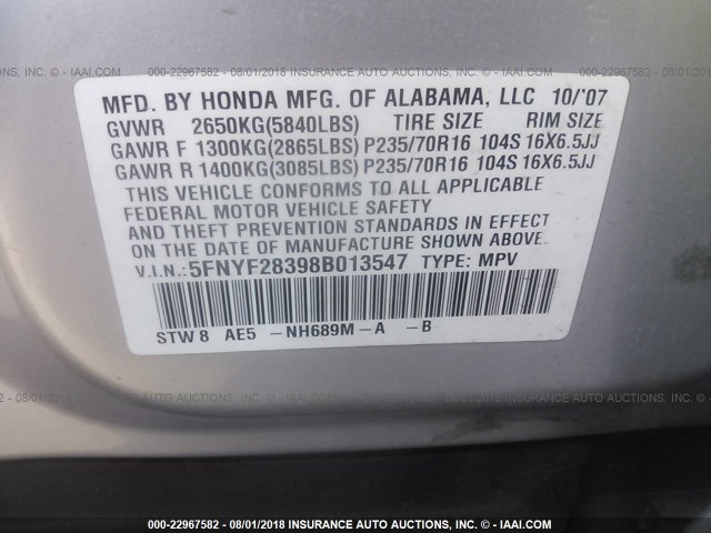 5FNYF28398B013547 - 2008 HONDA PILOT SE SILVER photo 9