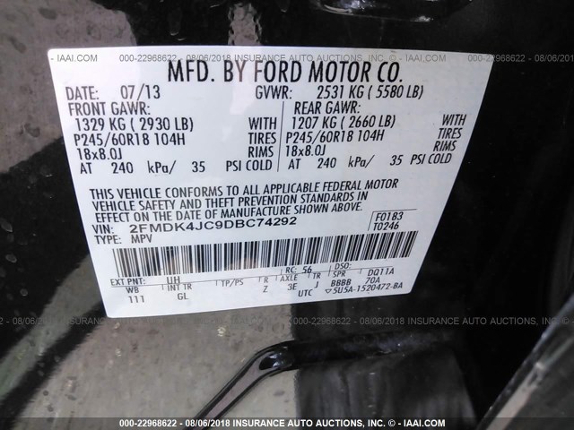 2FMDK4JC9DBC74292 - 2013 FORD EDGE SEL BLACK photo 9