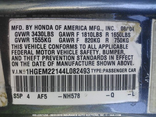 1HGEM22144L082493 - 2004 HONDA CIVIC DX VP GRAY photo 9