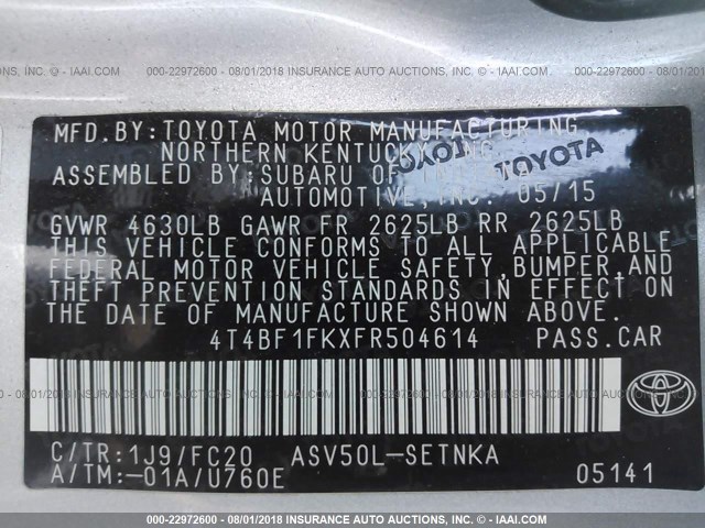 4T4BF1FKXFR504614 - 2015 TOYOTA CAMRY LE/XLE/SE/XSE SILVER photo 9
