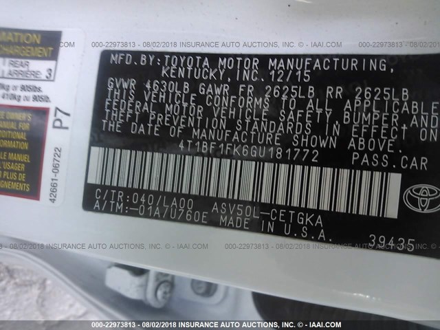 4T1BF1FK6GU181772 - 2016 TOYOTA CAMRY LE/XLE/SE/XSE WHITE photo 9