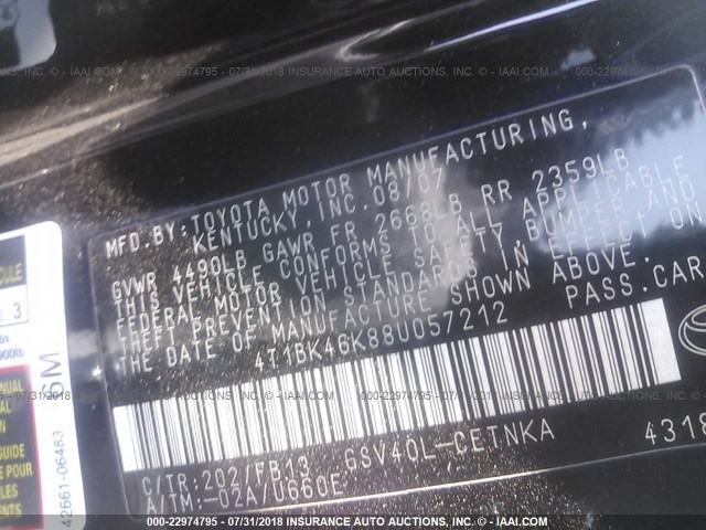 4T1BK46K88U057212 - 2008 TOYOTA CAMRY LE/XLE/SE BLACK photo 9