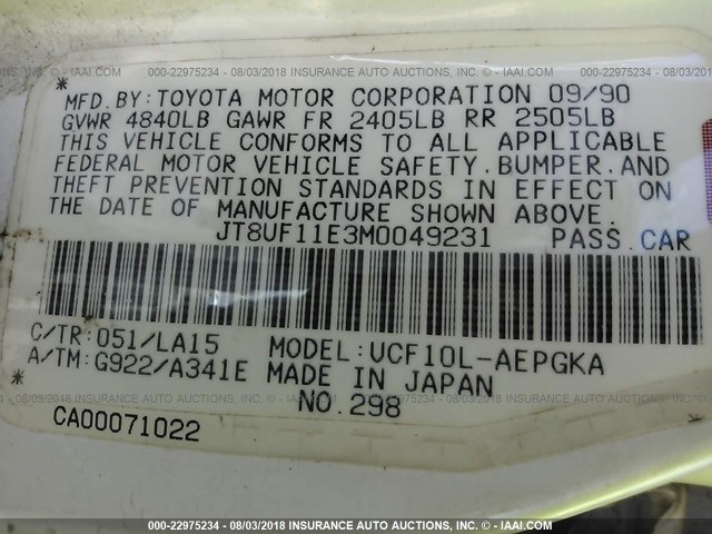 JT8UF11E3M0049231 - 1991 LEXUS LS 400 WHITE photo 9