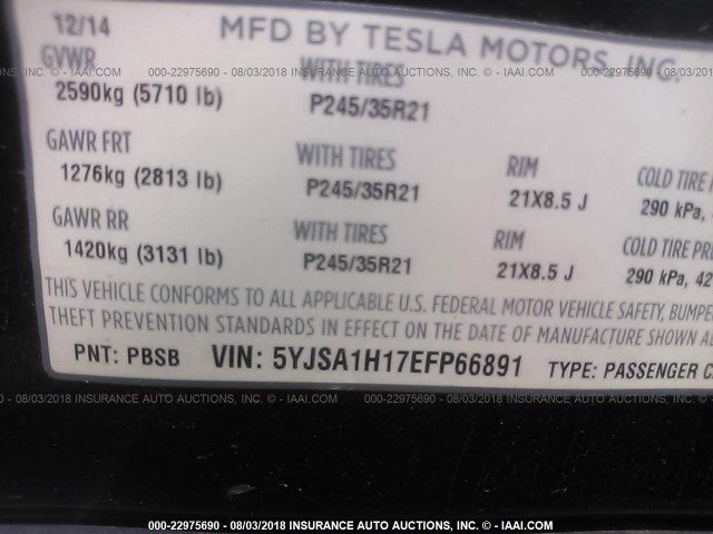 5YJSA1H17EFP66891 - 2014 TESLA MODEL S BLACK photo 9