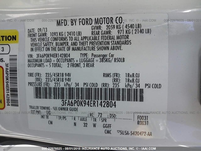 3FA6P0K94ER142804 - 2014 FORD FUSION TITANIUM WHITE photo 9