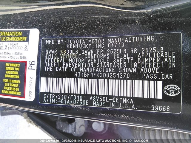 4T1BF1FK3DU251370 - 2013 TOYOTA CAMRY L/SE/LE/XLE Qara foto 9