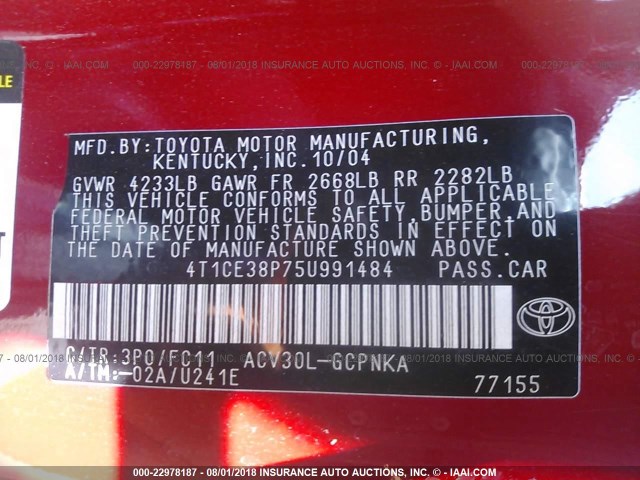 4T1CE38P75U991484 - 2005 TOYOTA CAMRY SOLARA SE/SLE RED photo 9