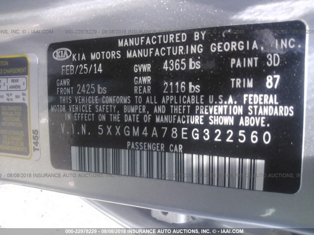 5XXGM4A78EG322560 - 2014 KIA OPTIMA LX SILVER photo 9