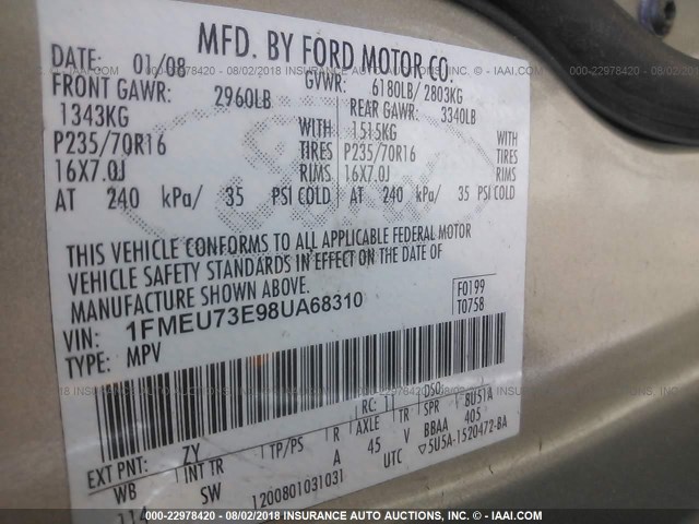 1FMEU73E98UA68310 - 2008 FORD EXPLORER XLT SILVER photo 9