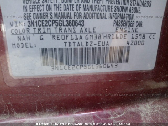 3N1CE2CP5GL360643 - 2016 NISSAN VERSA NOTE S/S PLUS/SV/SL/SR RED photo 9