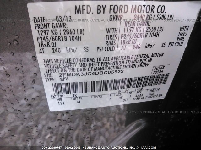 2FMDK3JC4DBC05522 - 2013 FORD EDGE SEL GRAY photo 9