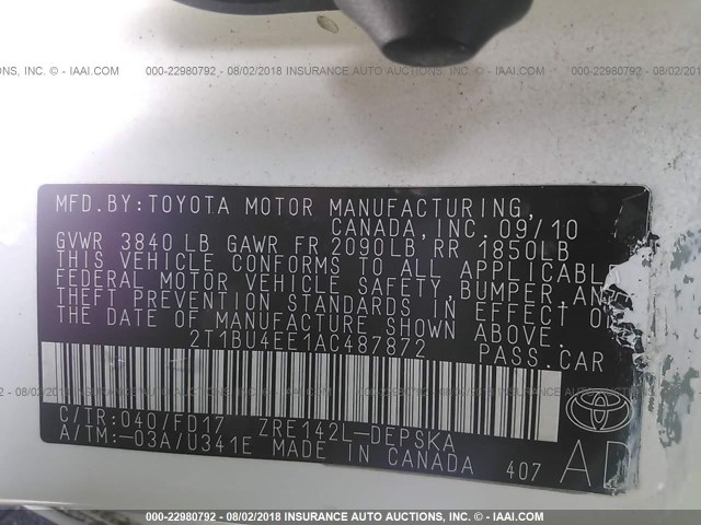 2T1BU4EE1AC487872 - 2010 TOYOTA COROLLA S/LE/XLE WHITE photo 9