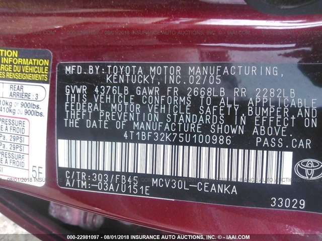 4T1BF32K75U100986 - 2005 TOYOTA CAMRY LE/XLE/SE MAROON photo 9