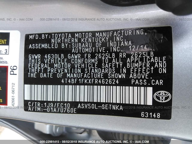 4T4BF1FKXFR462624 - 2015 TOYOTA CAMRY LE/XLE/SE/XSE SILVER photo 9