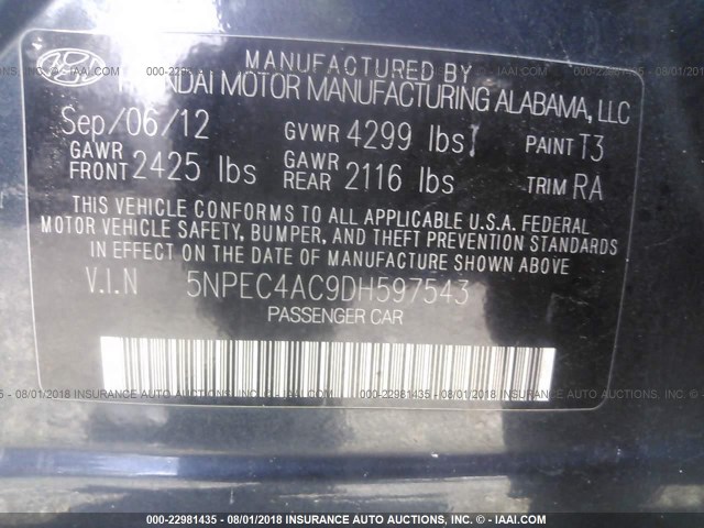 5NPEC4AC9DH597543 - 2013 HYUNDAI SONATA SE/LIMITED BLUE photo 9