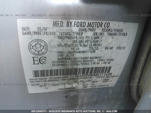 1FAHP24W48G111698 - 2008 FORD TAURUS SEL GRAY photo 9