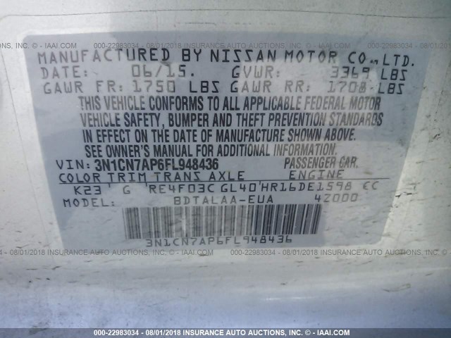 3N1CN7AP6FL948436 - 2015 NISSAN VERSA S/S PLUS/SV/SL SILVER photo 9