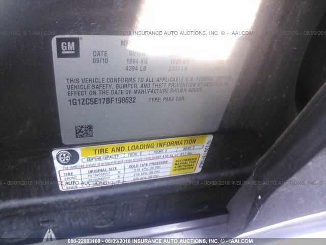 1G1ZC5E17BF198632 - 2011 CHEVROLET MALIBU 1LT GRAY photo 9